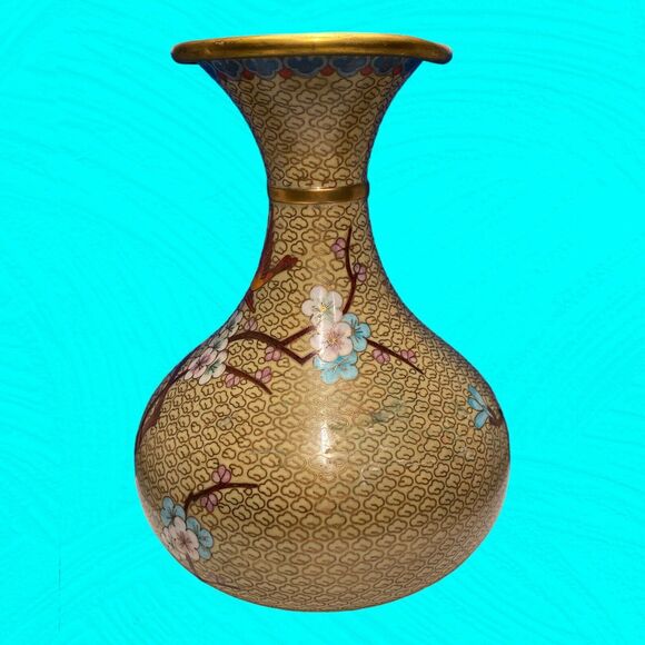 Vintage Asian Cloisonne Vase Bottle Bird Cherry Blossoms 9" Tall READ - Picture 2 of 11